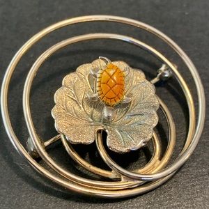 Vintage turtle on leaf brooch